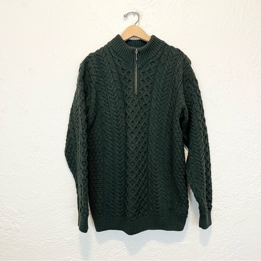 Walker Hawkes Sweater Green Wool Cable Knit Quarter Zip Ireland Jumper Medium M - Picture 3 of 7